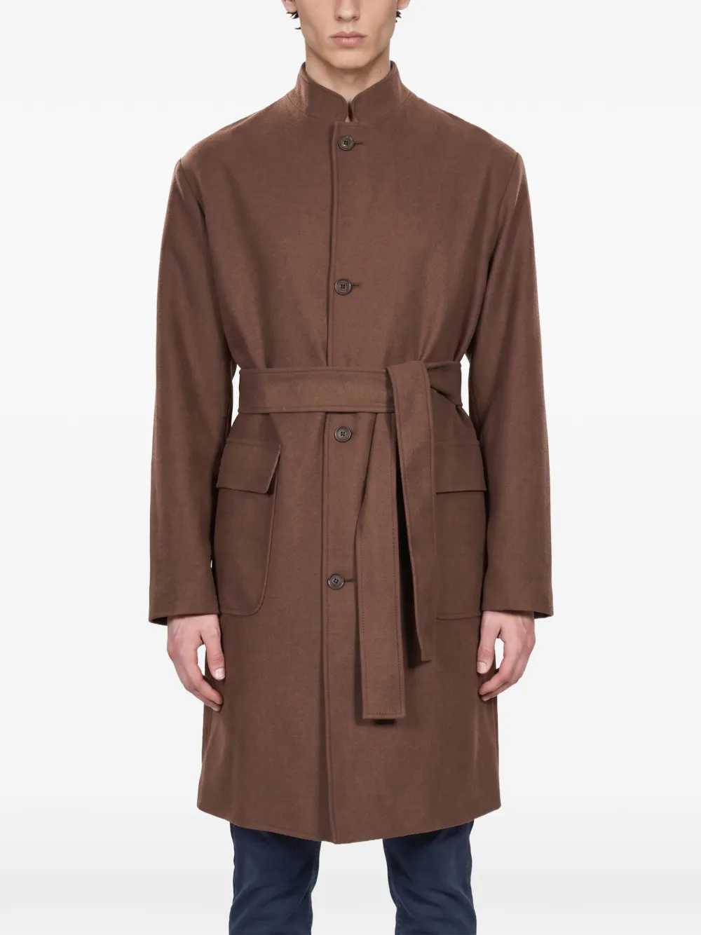 Eleventy belted high-neck wool coat Bruin