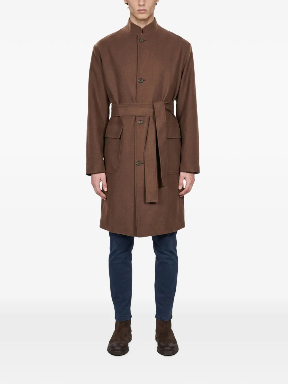 Eleventy belted high-neck wool coat Bruin