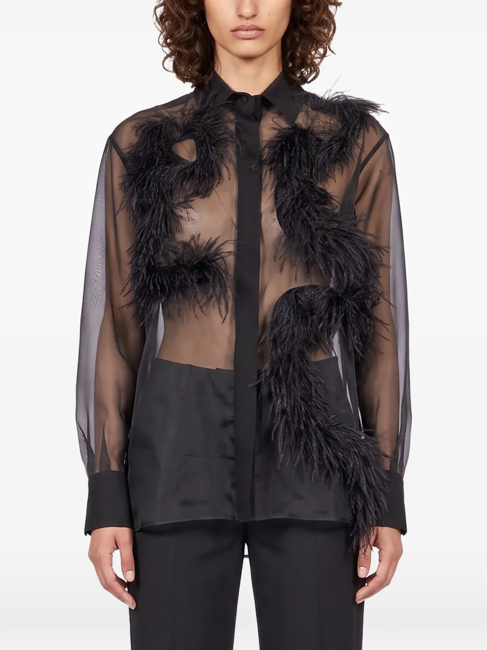 Antonelli Mirra feather-embellished sheer shirt Zwart