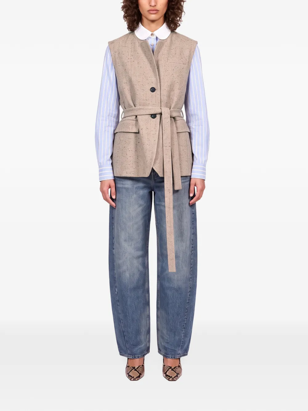 Antonelli Gilet met visgraat-patroon en ceintuur Beige