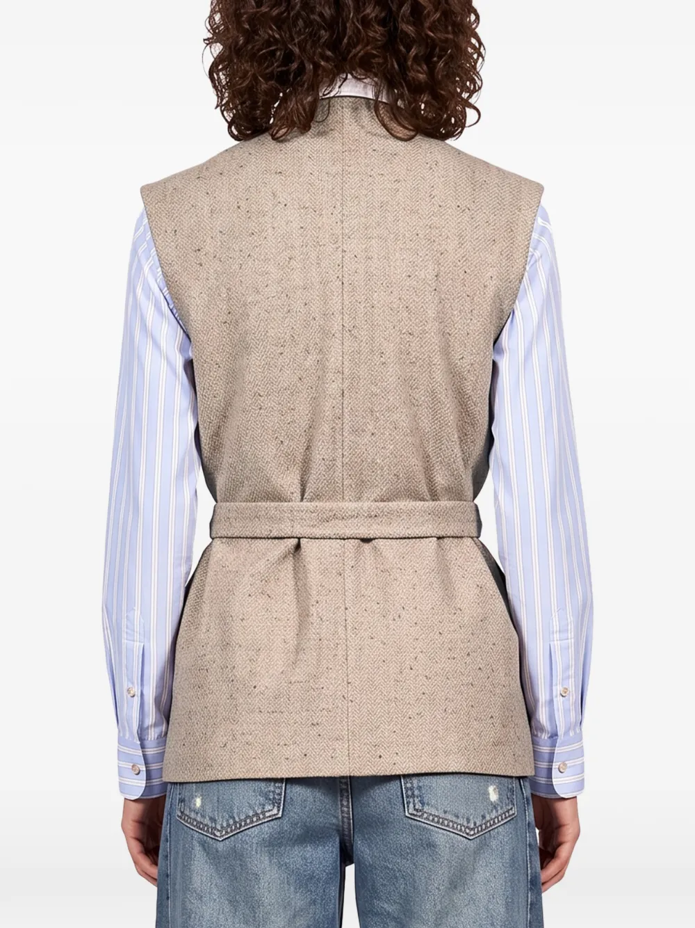 Antonelli Gilet met visgraat-patroon en ceintuur Beige