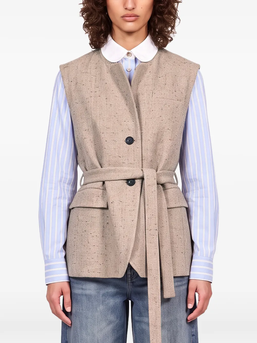 Antonelli Gilet met visgraat-patroon en ceintuur Beige