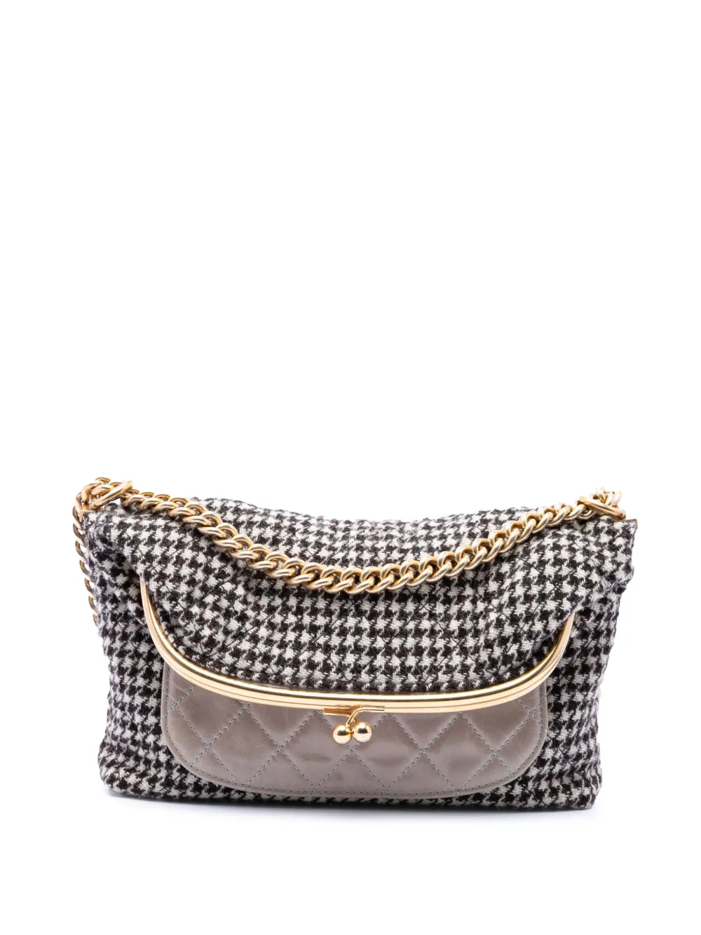 CHANEL Pre-Owned 2015-2016 Medium Quilted Houndstooth Tweed and Calfskin Tabatiere Kisslock Fold Over crossbody bag - Nero