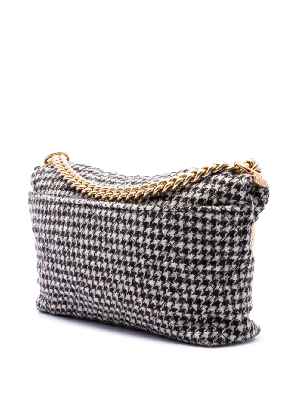  Chanel Pre-owned 2015-2016 Medium Quilted Houndstooth Tweed And Calfskin Tabatiere Kisslock Fold Over Crossbody Bag - Negro 