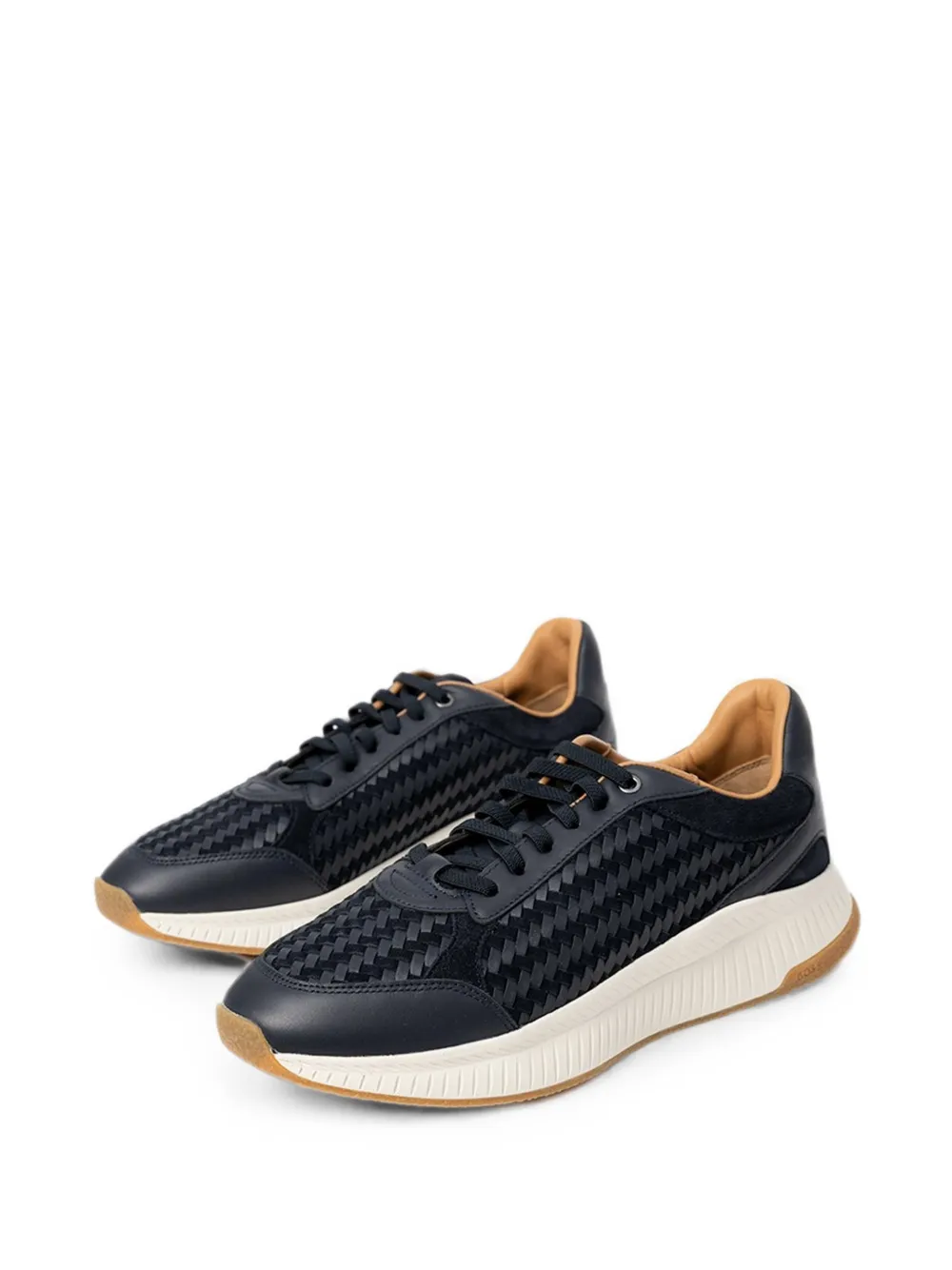 BOSS woven-panel leather sneakers Blauw