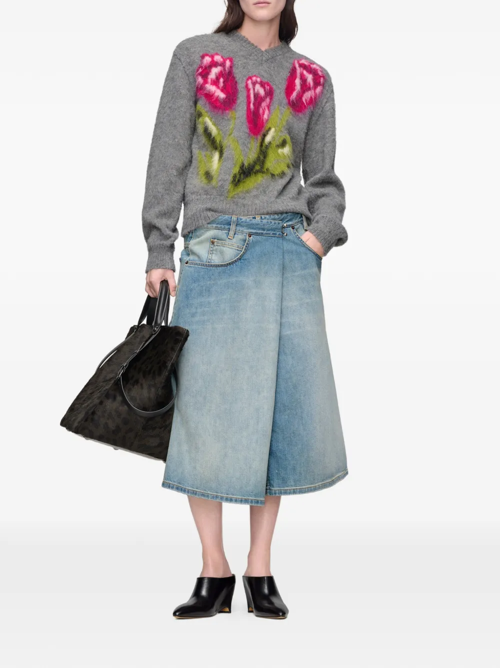 Maison Margiela Trui met V-hals en bloemen-intarsia Grijs