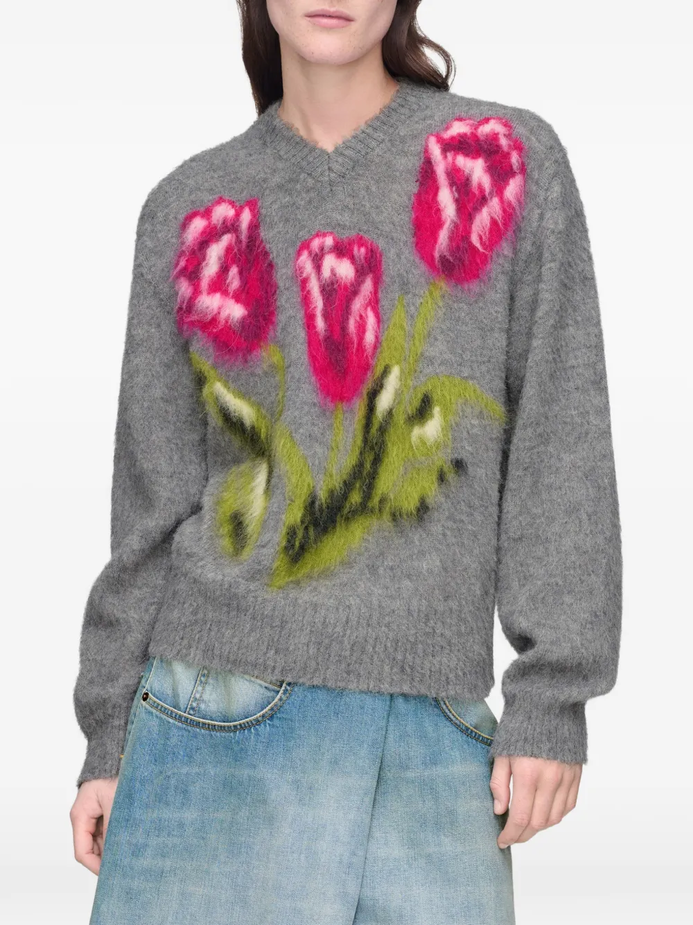 Maison Margiela Trui met V-hals en bloemen-intarsia Grijs
