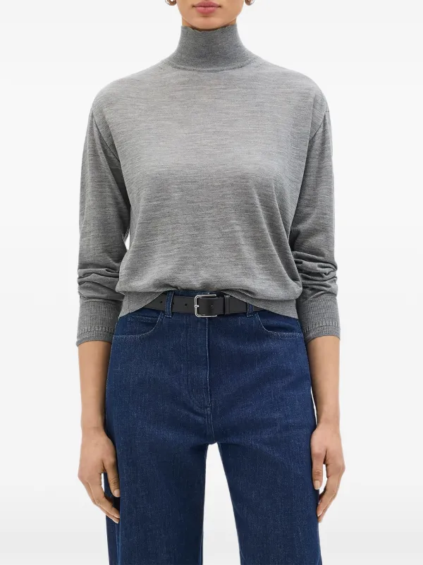 Another Tomorrow Featherweight Fine-knit Turtleneck Top in Grey