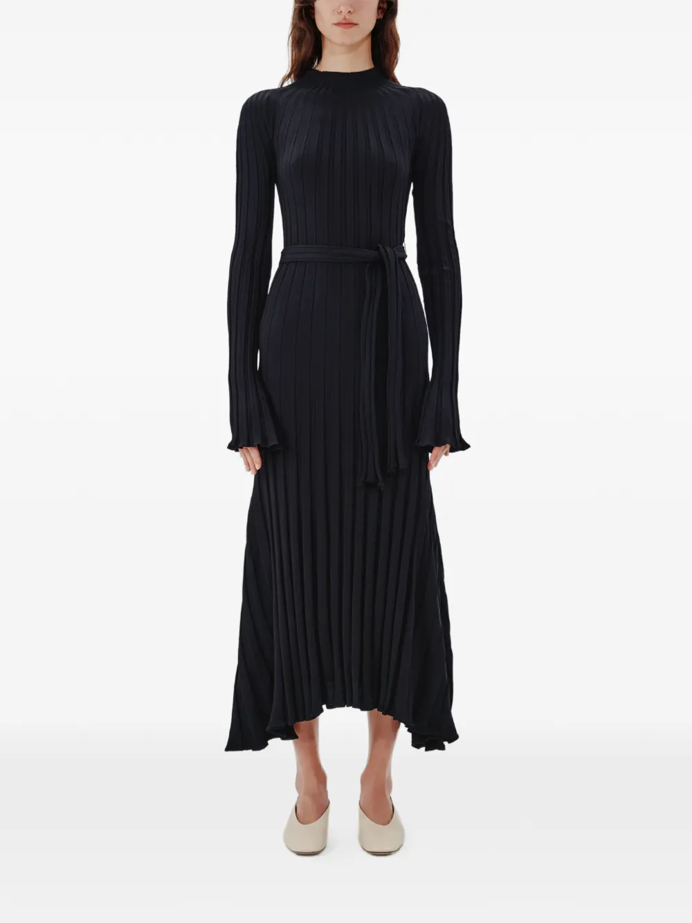 Another Tomorrow Long ribbed-knit flared dress - Nero