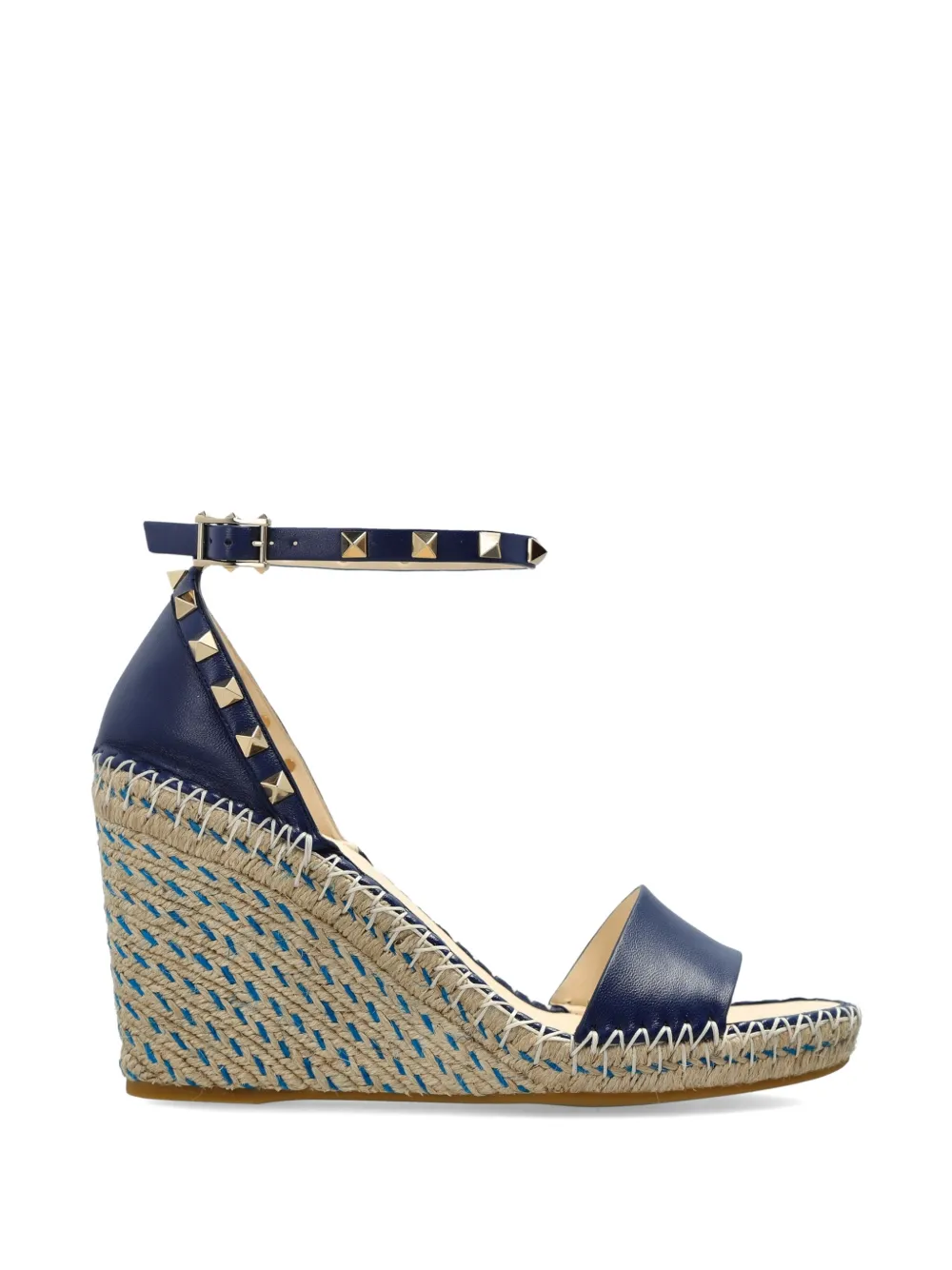 Valentino Garavani Rockstud Leather Wedge Sandals In Blue