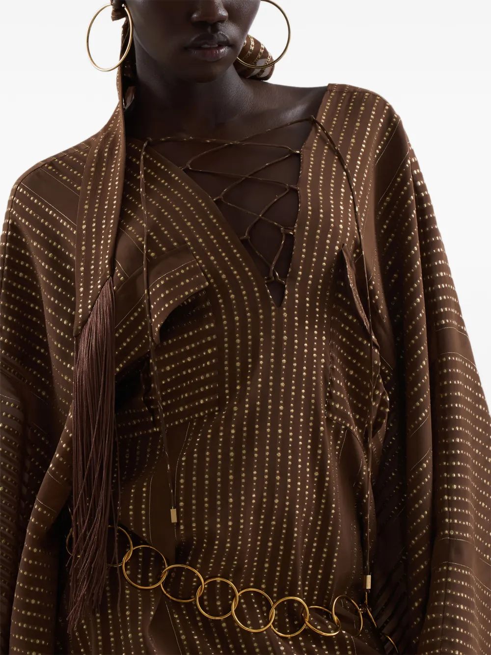 Taller Marmo Casablanca Fringed Headscarf in Brown, view 2