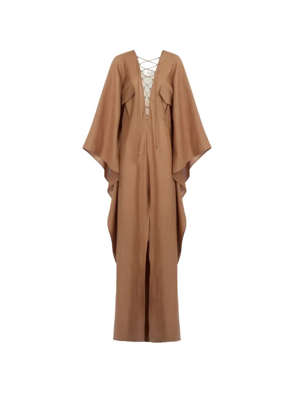 taller marmo brown dress Taller Marmo Mojave lace-up Kaftan Maxi Dress | Brown