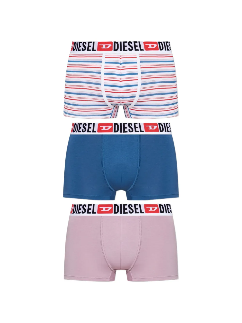 Diesel Umbx- Damien Pack of three logo-waistband striped-pattern boxer briefs - Rosa