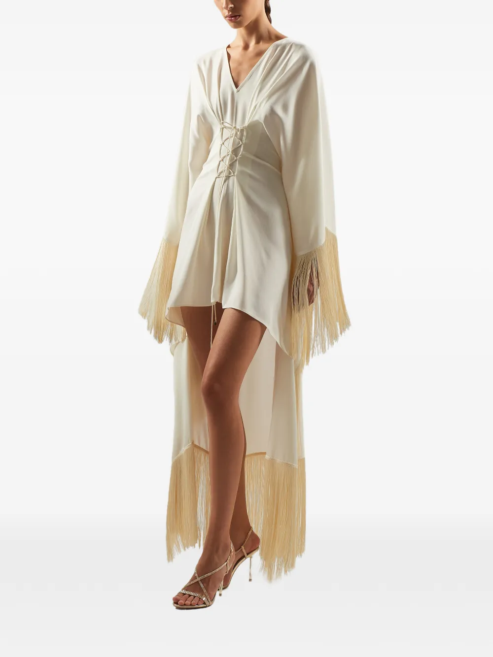 Taller Marmo mini Sierra fringed kaftan dress Beige