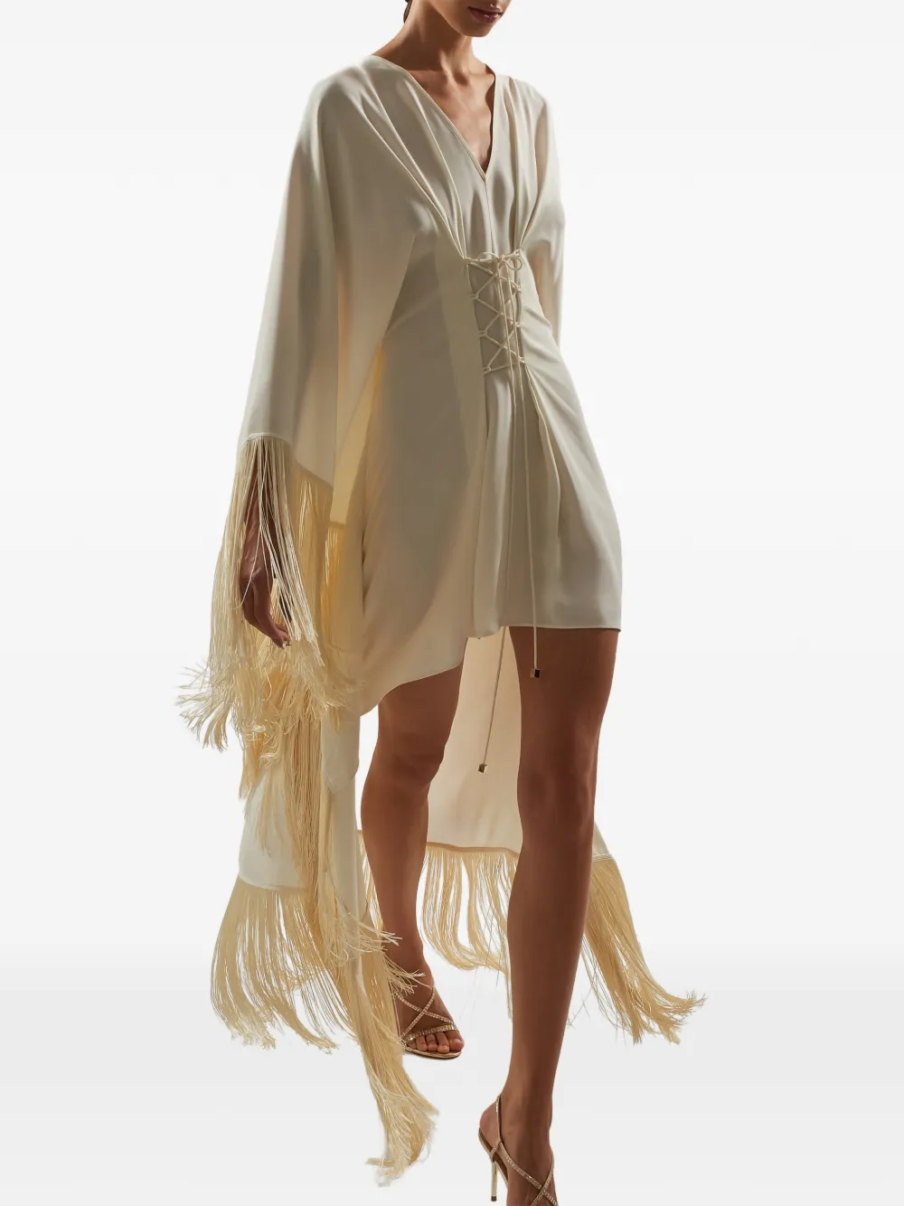 Taller Marmo mini Sierra fringed kaftan dress Beige