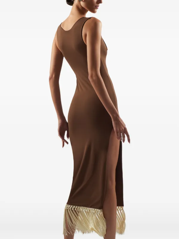 brown fringed sleeveless midi dress Sandro Fringed Knit Midi Dress In Brown - 30% Off