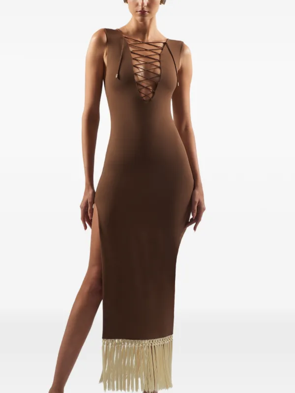 brown fringed sleeveless midi dress Taller Marmo | Sahara in Fume-Ivory | Female Shoe Size (US):16 balancing structure with a product_family:104877 Long Sleeve Backless Lace