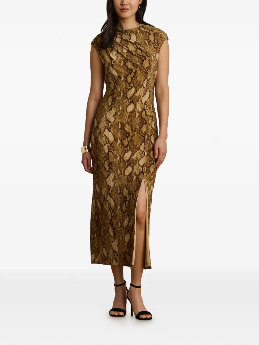 Lauren Ralph Lauren Jersey midi-jurk met kapmouwen en pythonprint Bruin
