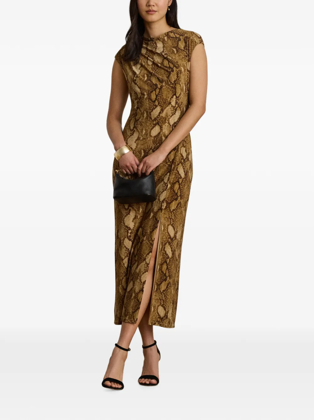 Lauren Ralph Lauren Jersey midi-jurk met kapmouwen en pythonprint Bruin