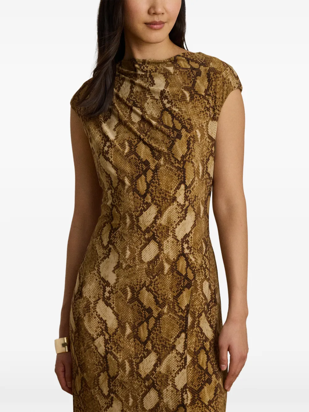Lauren Ralph Lauren Jersey midi-jurk met kapmouwen en pythonprint Bruin