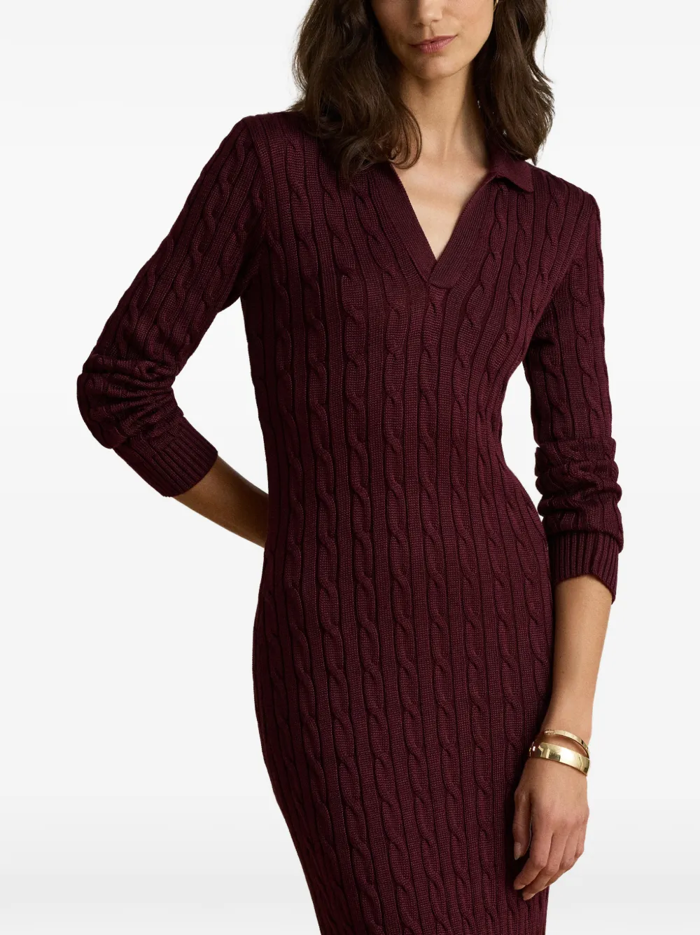 Lauren Ralph Lauren Kabelgebreide midi-jurk met kraag Rood