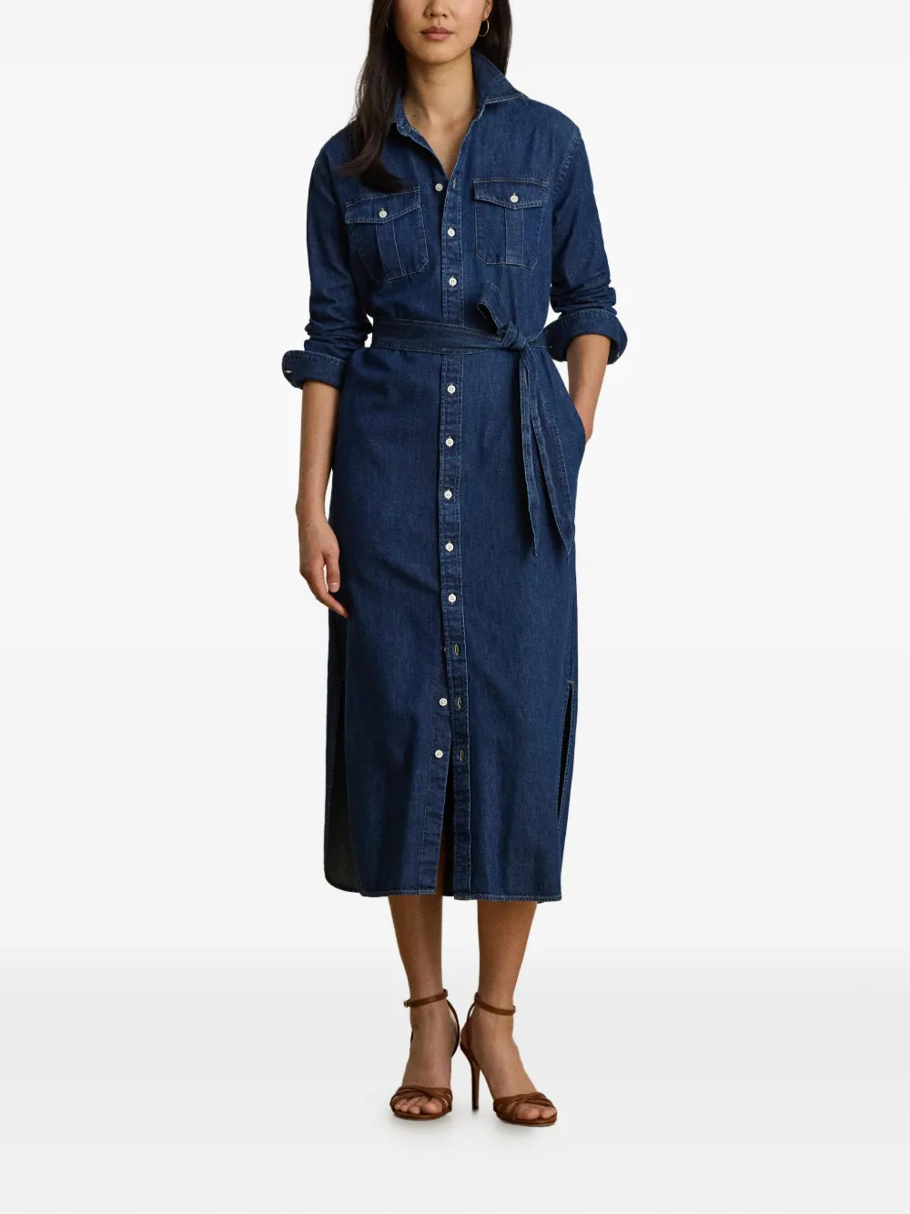 Lauren Ralph Lauren Denim blousejurk met ceintuur Blauw