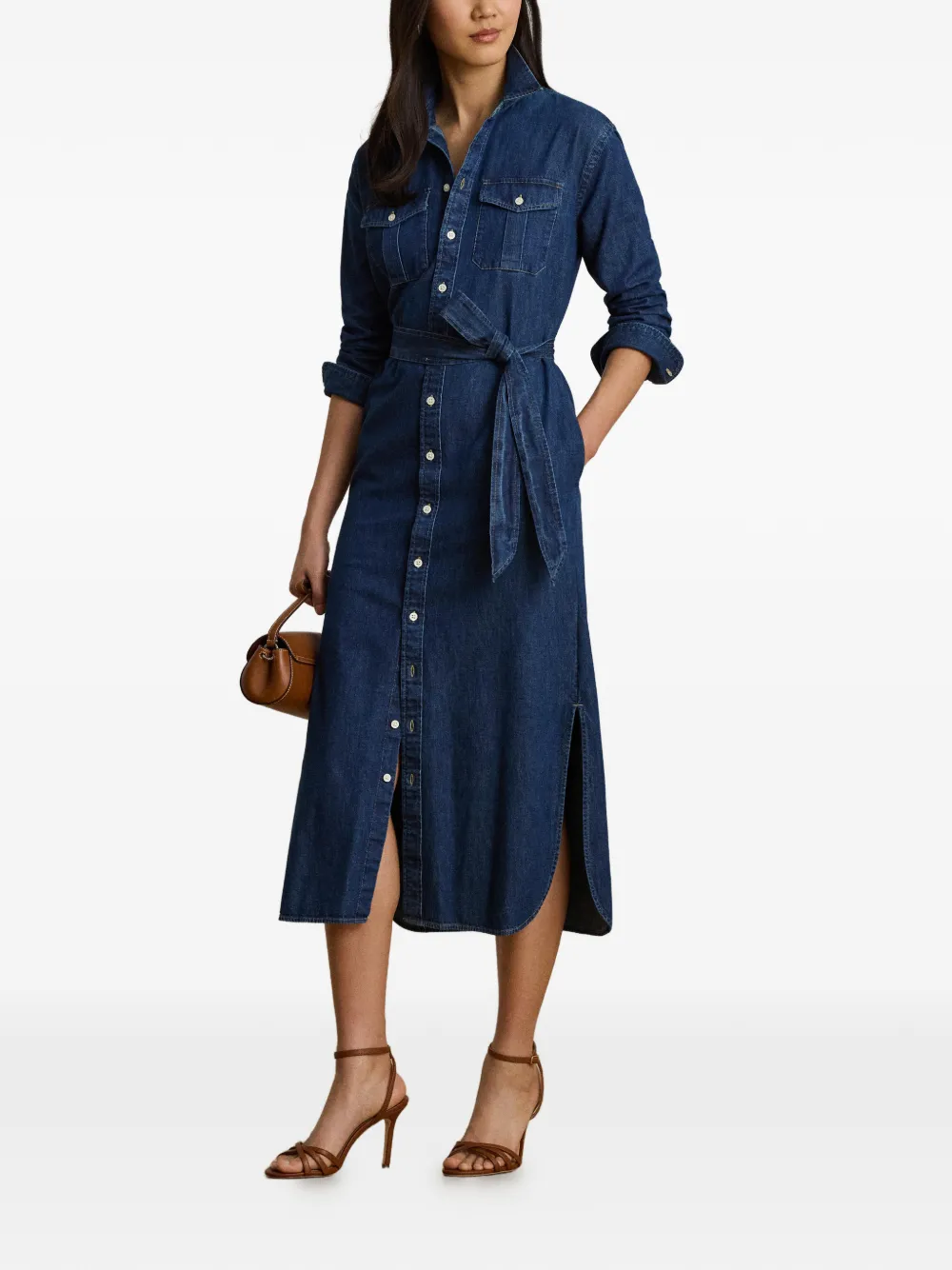 Lauren Ralph Lauren Denim blousejurk met ceintuur Blauw