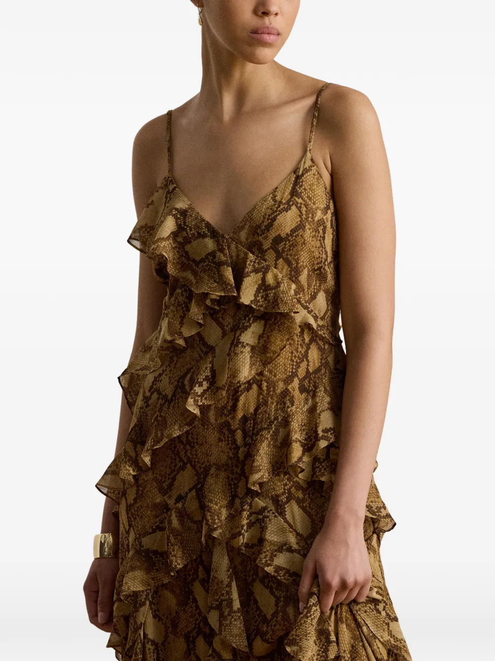Lauren Ralph Lauren Maxi-jurk met pythonprint en ruches Bruin