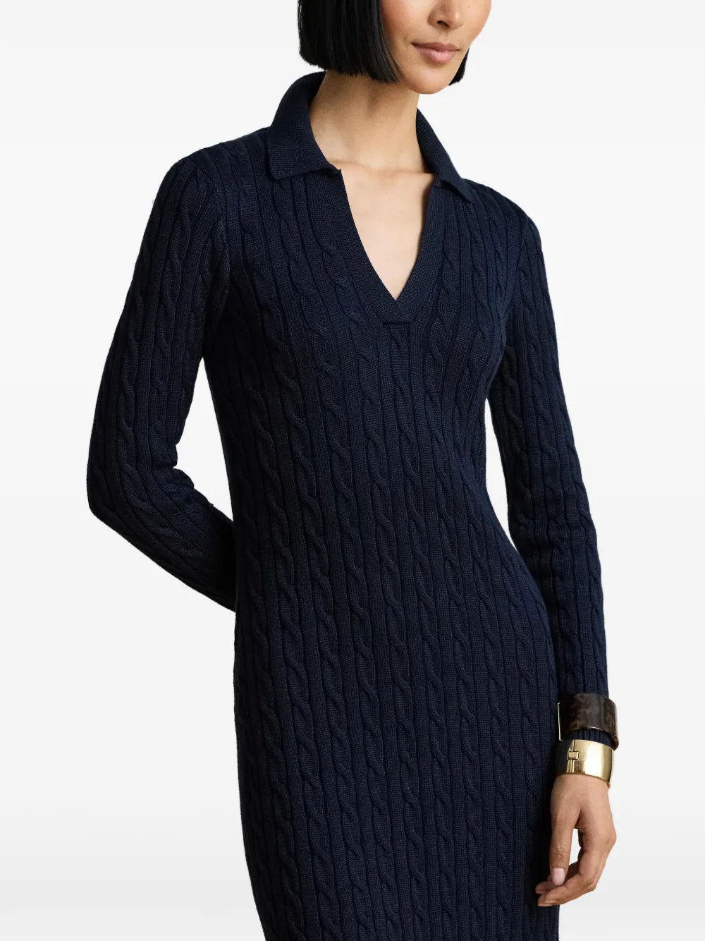 Lauren Ralph Lauren Kabelgebreide midi-jurk met kraag Blauw