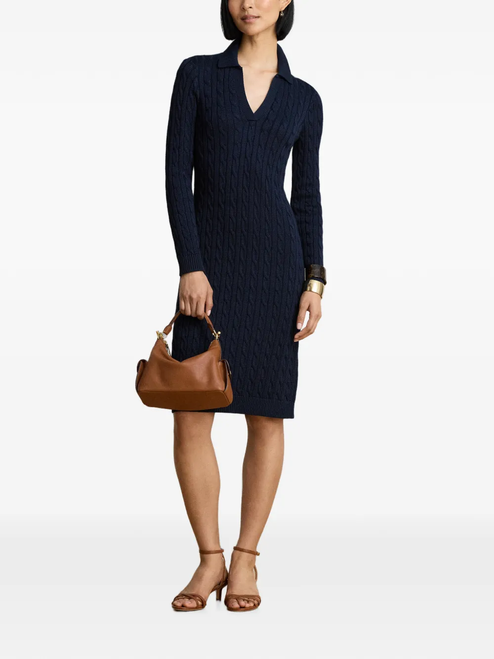 Lauren Ralph Lauren Kabelgebreide midi-jurk met kraag Blauw