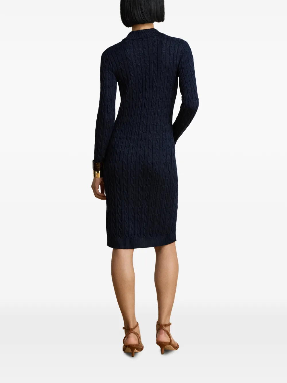 Lauren Ralph Lauren Kabelgebreide midi-jurk met kraag Blauw