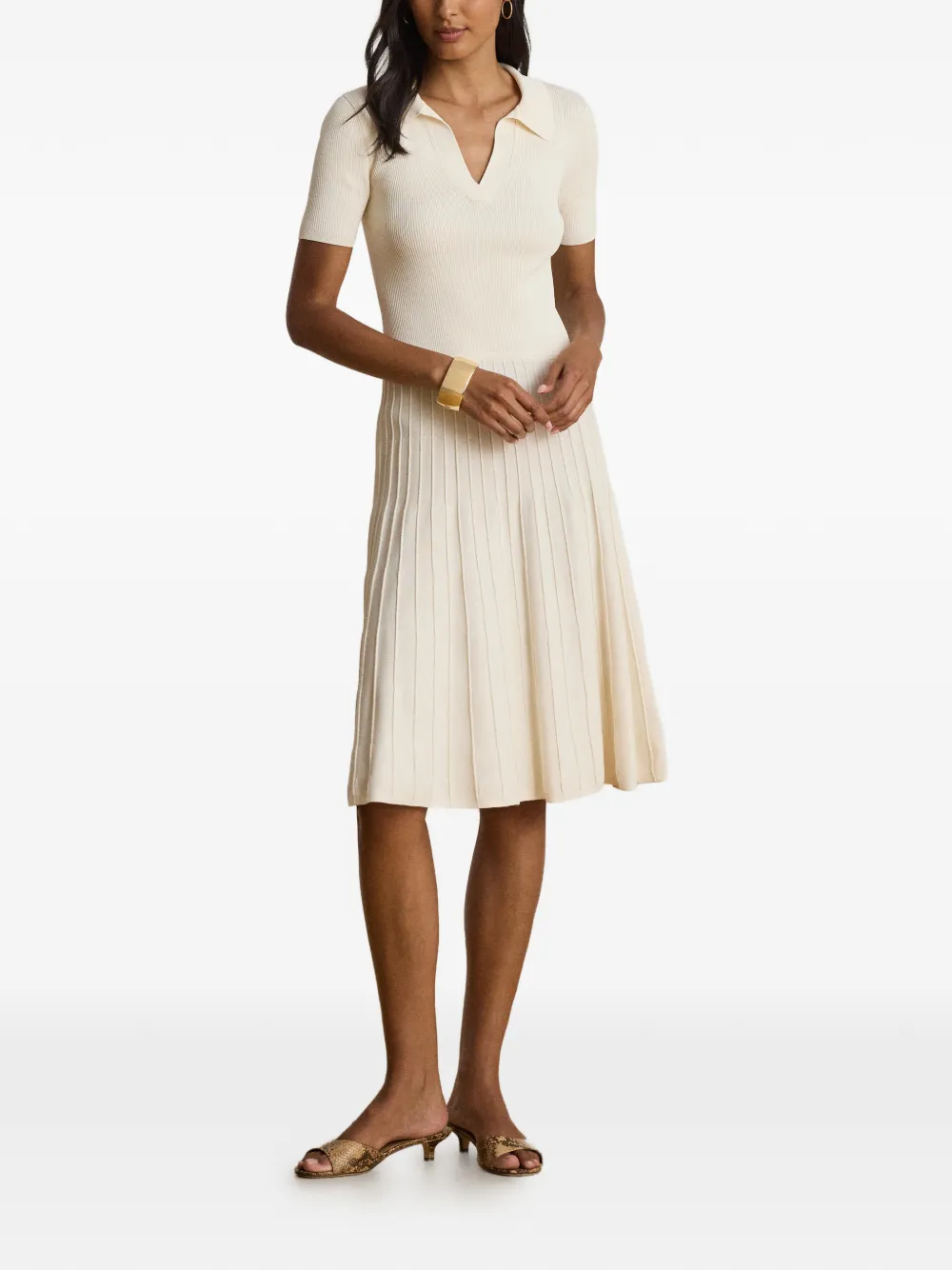 Lauren Ralph Lauren Ribgebreide midi-jurk met korte mouwen Beige