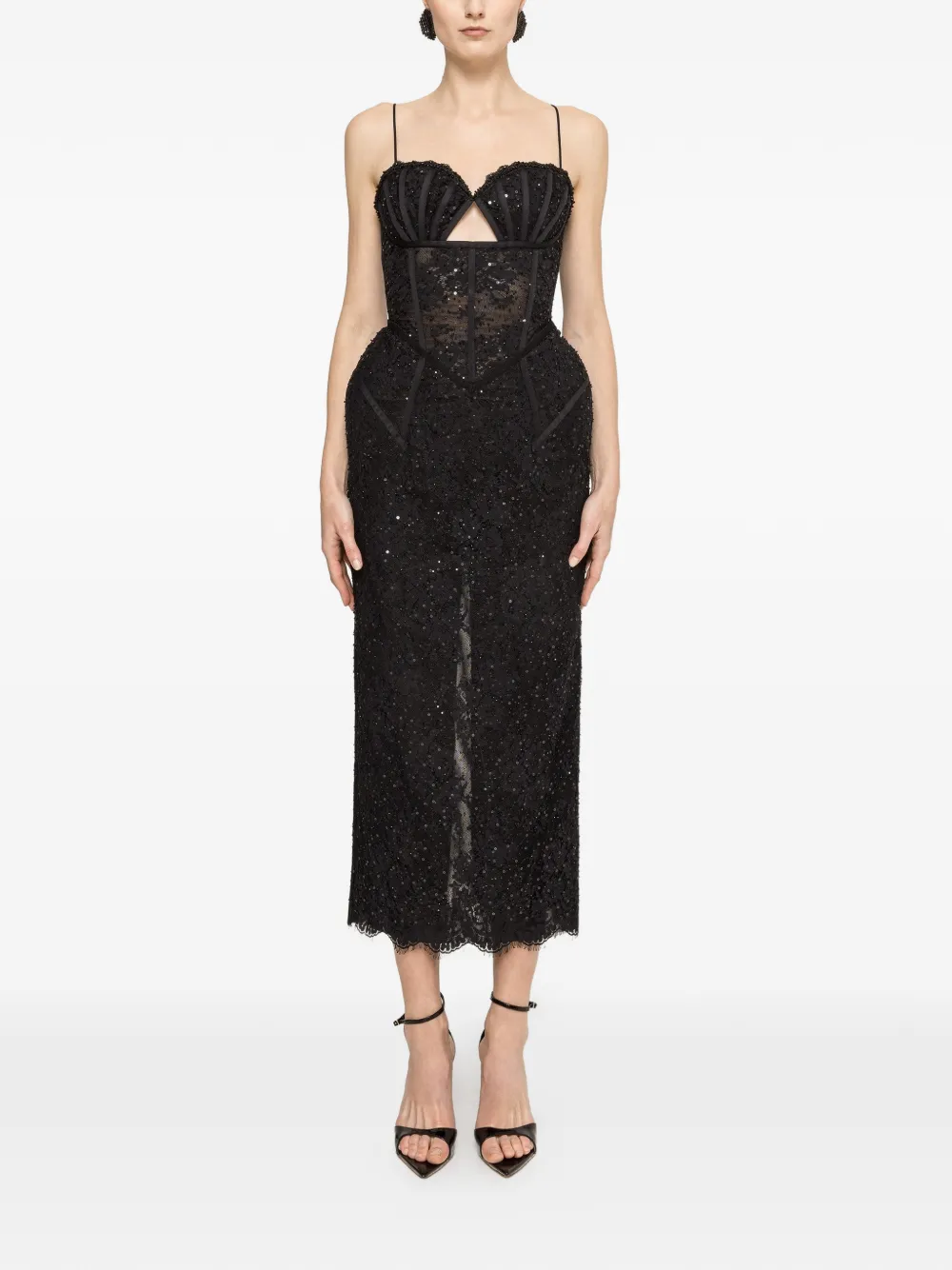 NISSA Midi-jurk met oversized heup en kant Zwart