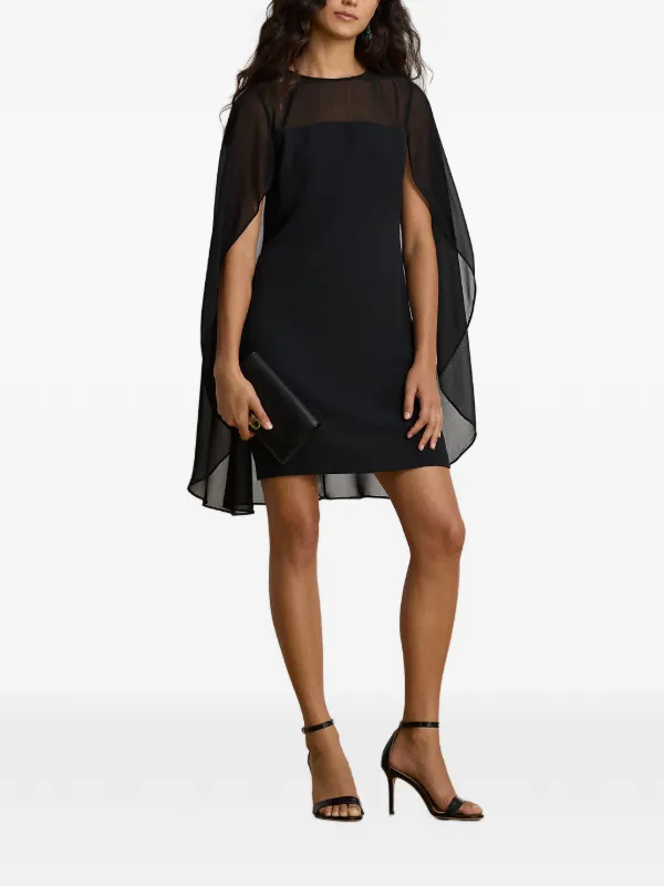 lauren ralph lauren cape georgette cocktail dress cape-overlay Mini | Black polyester Model is 5 Vera Wang wore custom Size:J (32-34) OCC-PARTY Belted cape