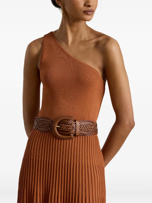 one shoulder ribbed midi dress ASOS DESIGN ribbed one-shoulder neck scarf midi dress in chocolate