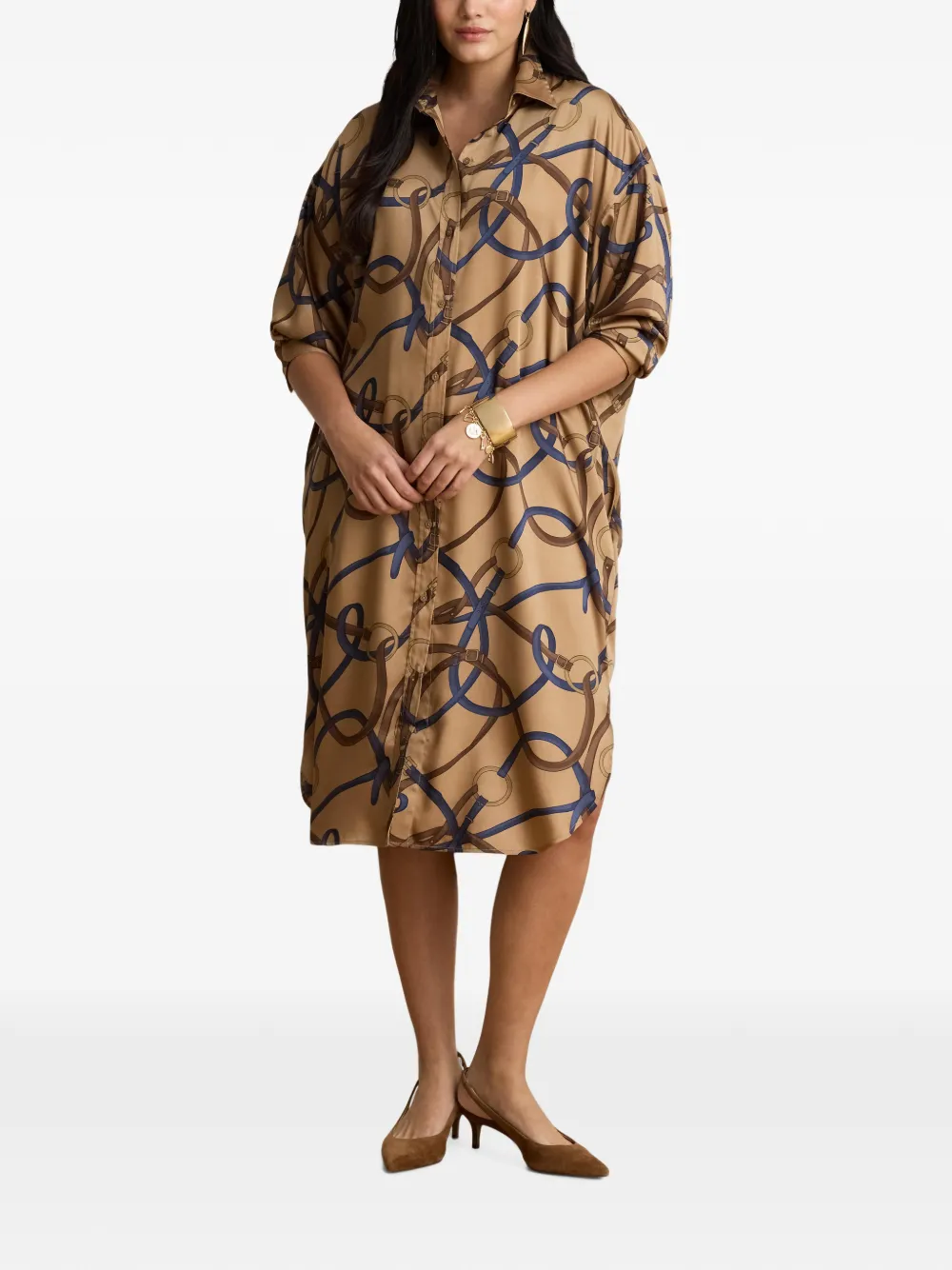 Lauren Ralph Lauren Twill midi-blousejurk met print Bruin