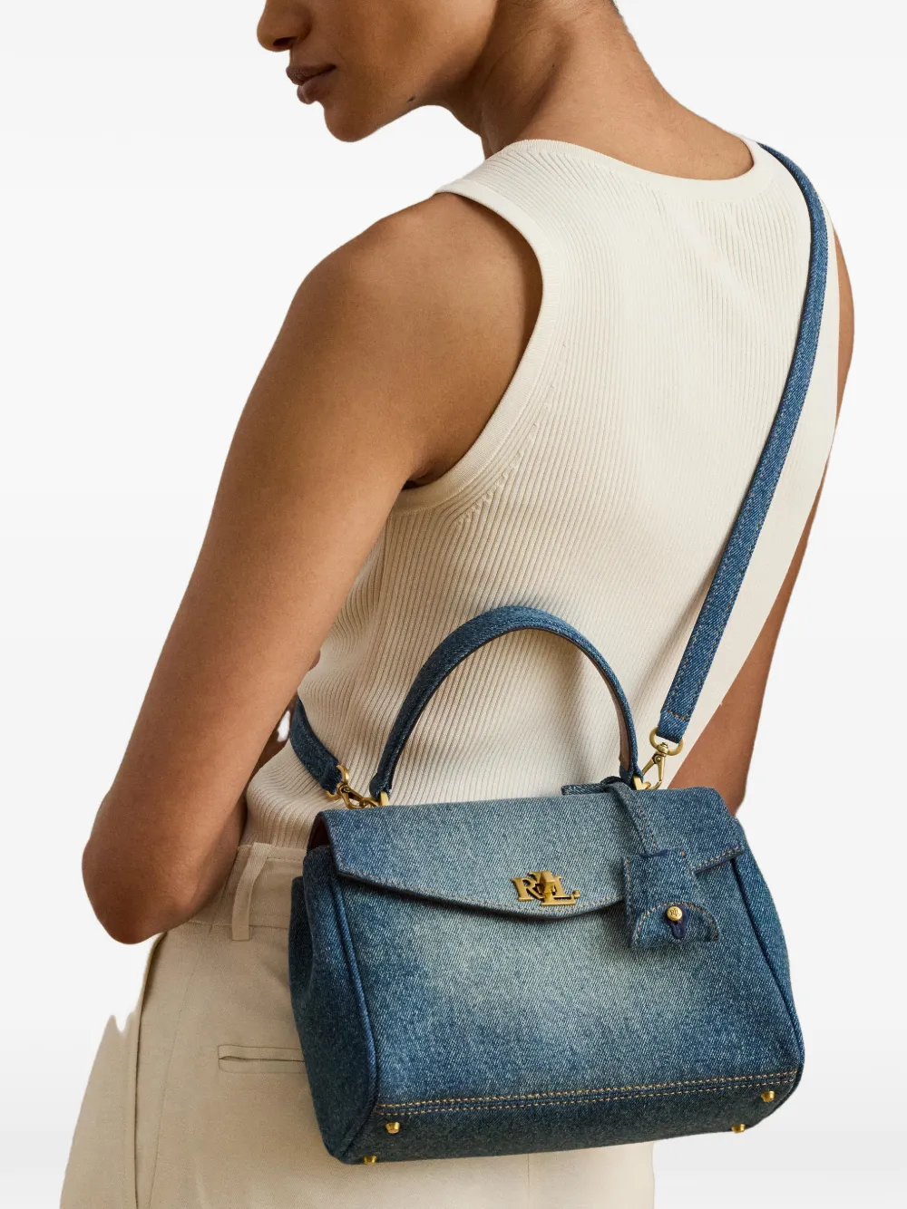 Lauren Ralph Lauren Kleine Farrah denim shopper met leren afwerking Blauw