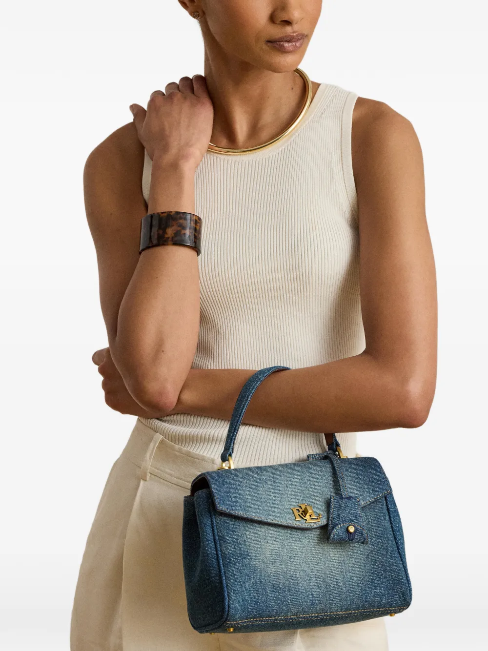 Lauren Ralph Lauren Kleine Farrah denim shopper met leren afwerking Blauw