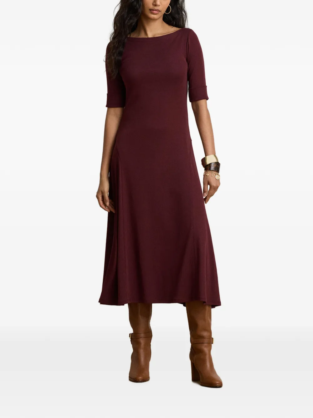 Lauren Ralph Lauren Ribgebreide midi-jurk met boothals Rood