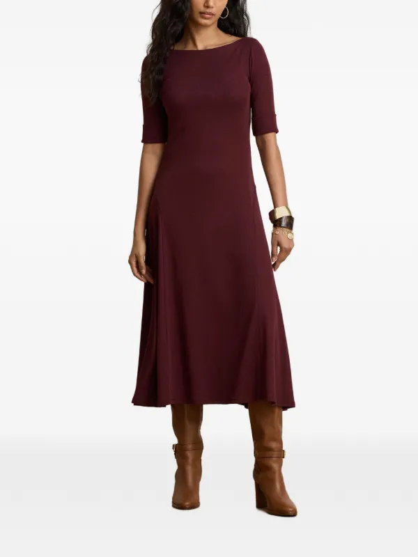rib knit boat neck dress Lauren Ralph Lauren Stretch Cotton Midi - Pinot Noir Green Jacquard