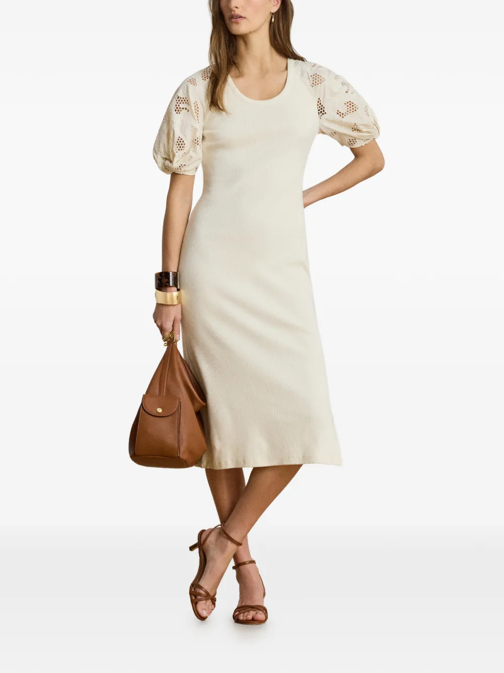 Lauren Ralph Lauren Ribgebreide midi-jurk met geborduurd ringlets Beige
