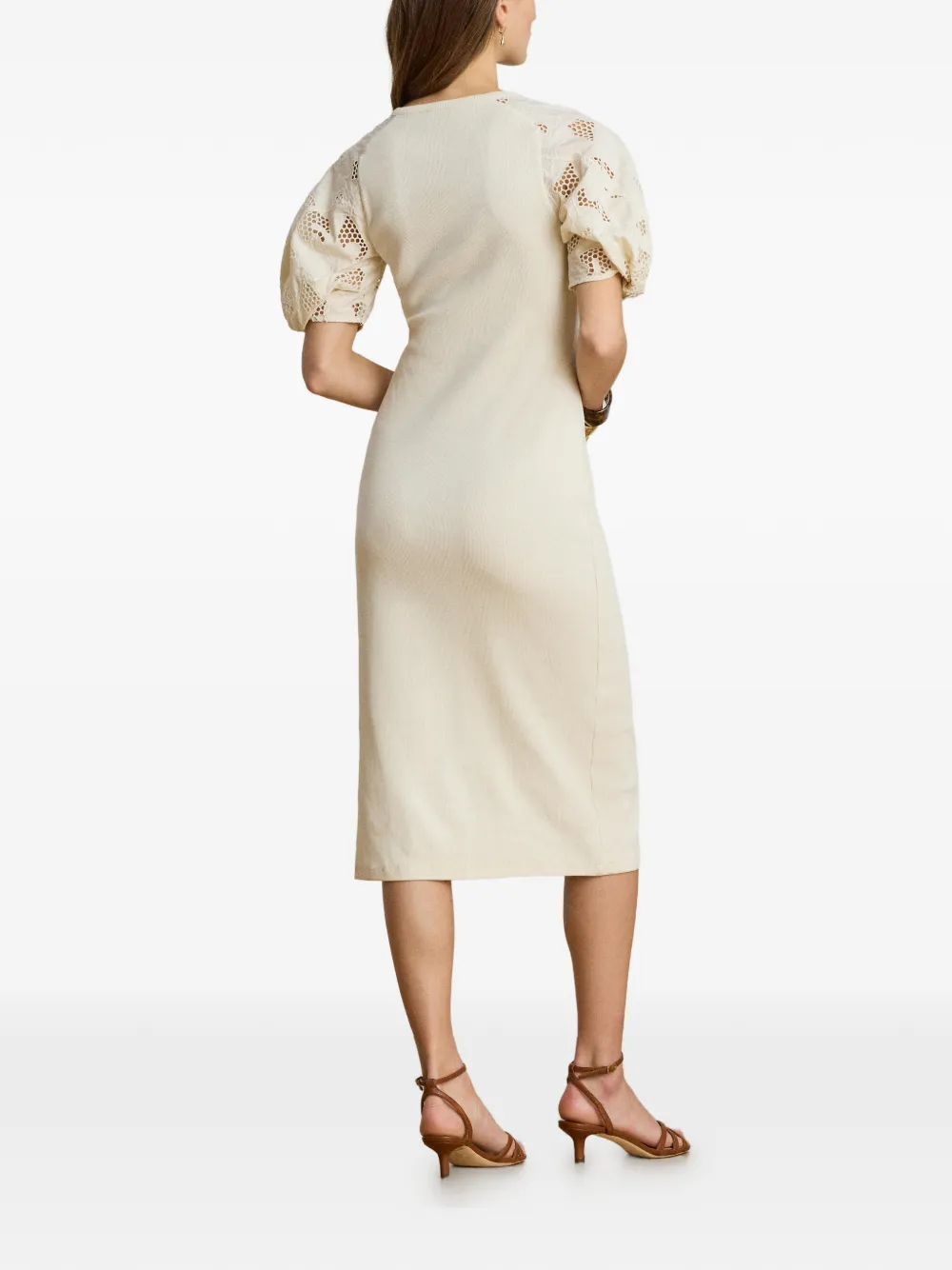 Lauren Ralph Lauren Ribgebreide midi-jurk met geborduurd ringlets Beige