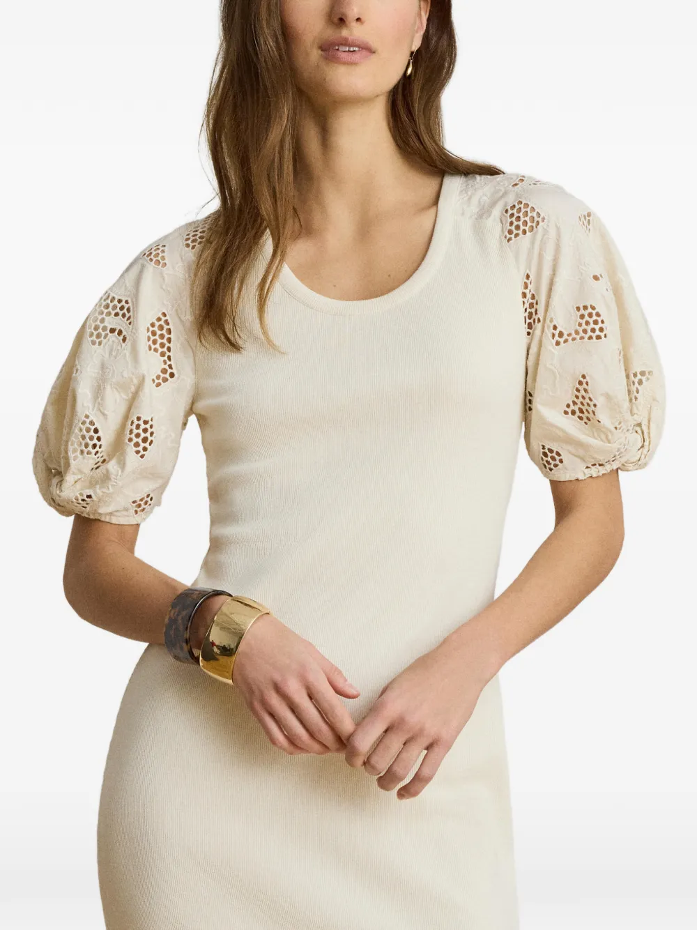 Lauren Ralph Lauren Ribgebreide midi-jurk met geborduurd ringlets Beige
