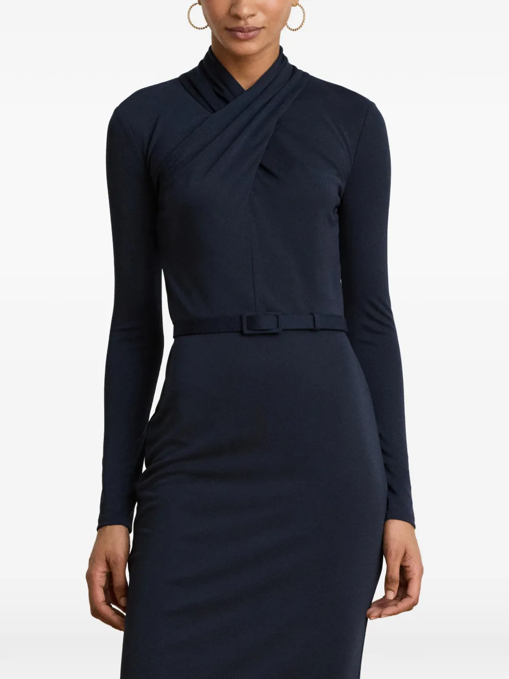 Lauren Ralph Lauren Midi-jurk met opstaande hals en ceintuur Blauw