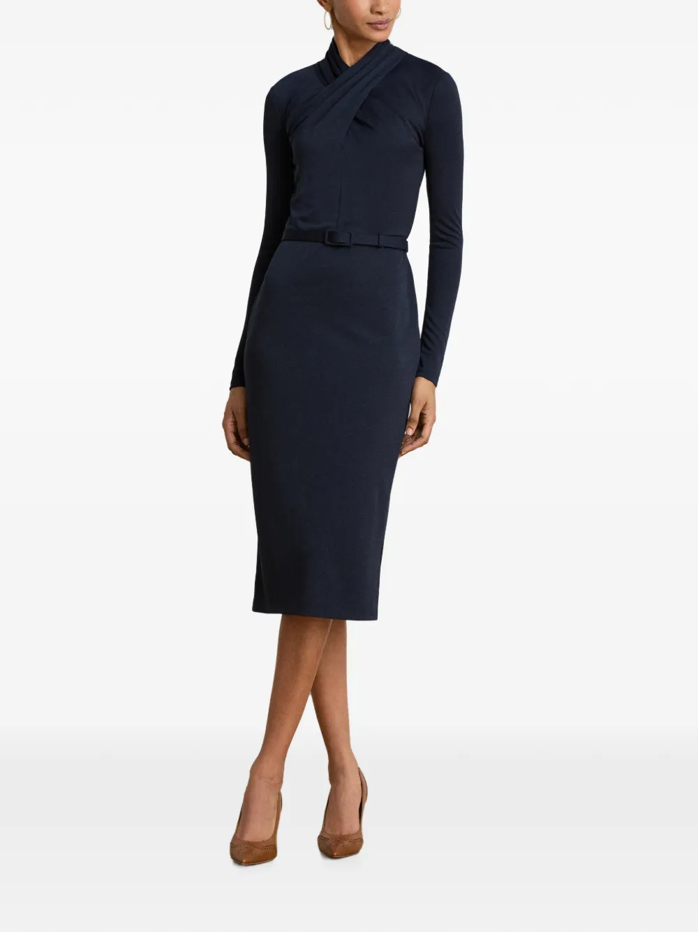 Lauren Ralph Lauren Midi-jurk met opstaande hals en ceintuur Blauw