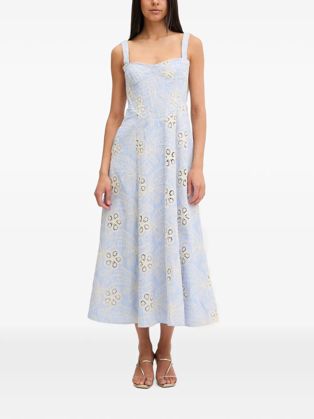 Bardot Gestreiftes Midikleid aus Guipure-Spitze - Blau