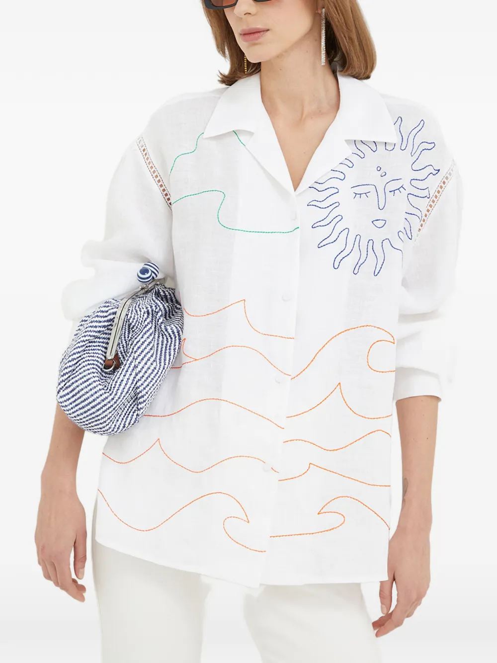 Beatrice B sun-embroidered open-knit shirt - Bianco