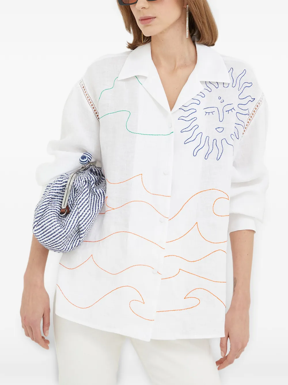 Beatrice B sun-embroidered open-knit shirt - Bianco