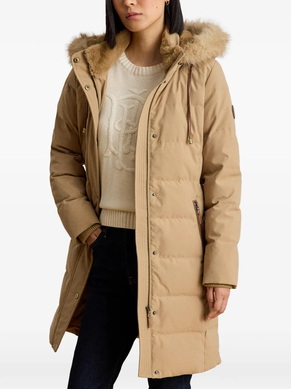 Lauren Ralph Lauren Donsjack met capuchon en afwerking van imitatiebont Beige