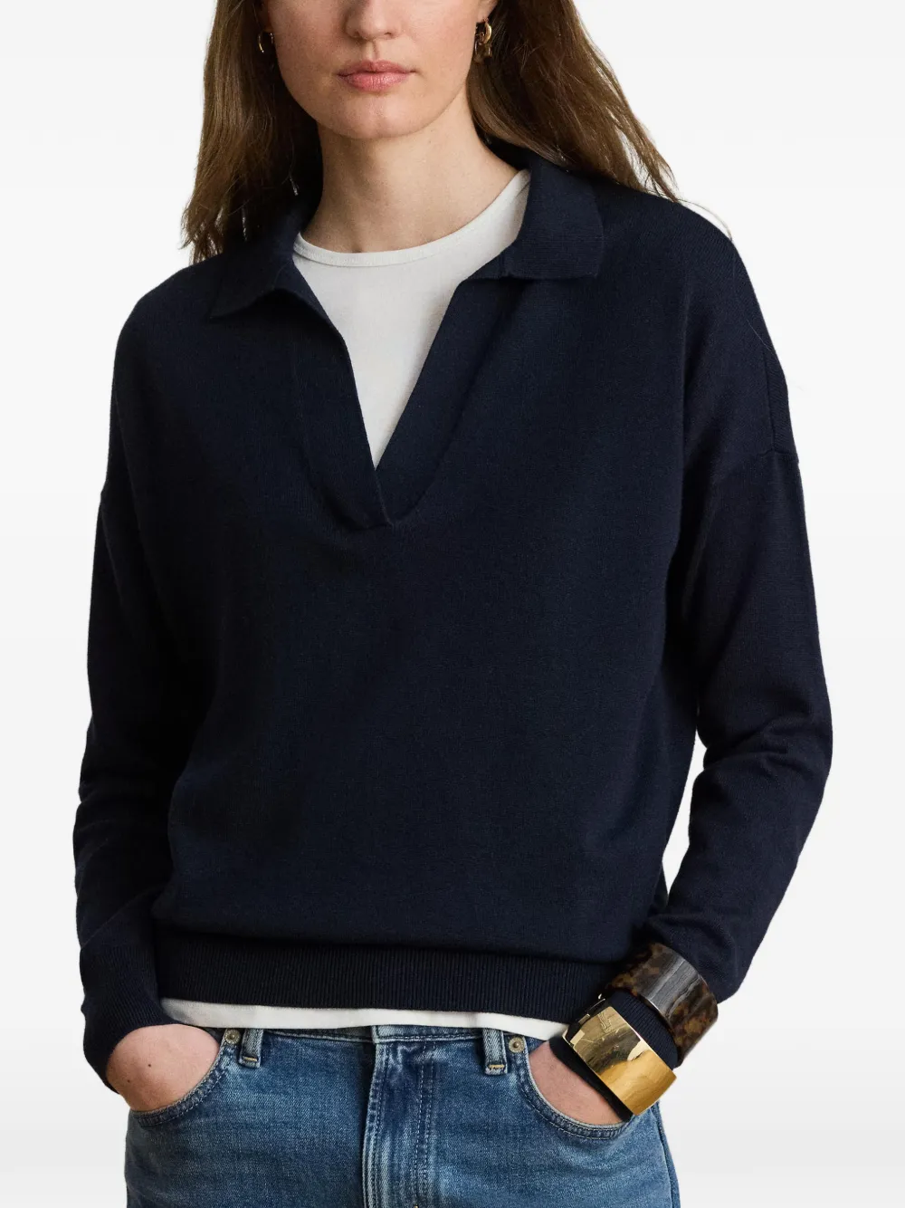 Lauren Ralph Lauren Sweater met geborduurd logo en Johnny kraag Blauw